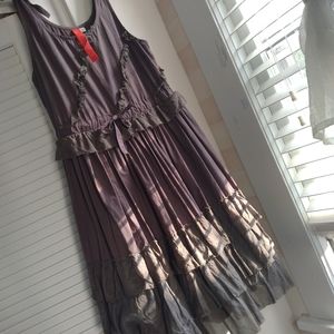 EWA I WALLA DRESS GRAY/GREEN RUFFLES DRAWSTRING ADJUSTABLE WAIST HEAVY COTTON